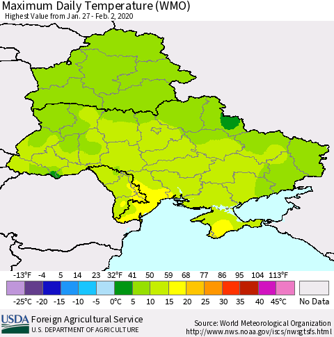 Ukraine, Moldova and Belarus Maximum Daily Temperature (WMO) Thematic Map For 1/27/2020 - 2/2/2020