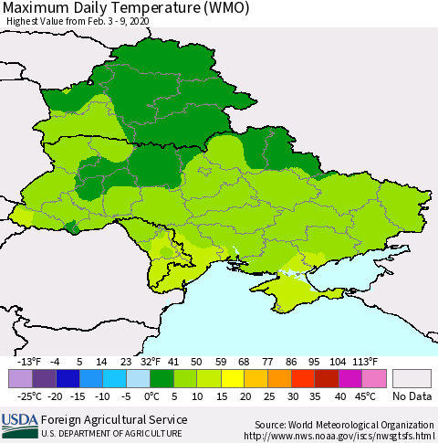 Ukraine, Moldova and Belarus Maximum Daily Temperature (WMO) Thematic Map For 2/3/2020 - 2/9/2020