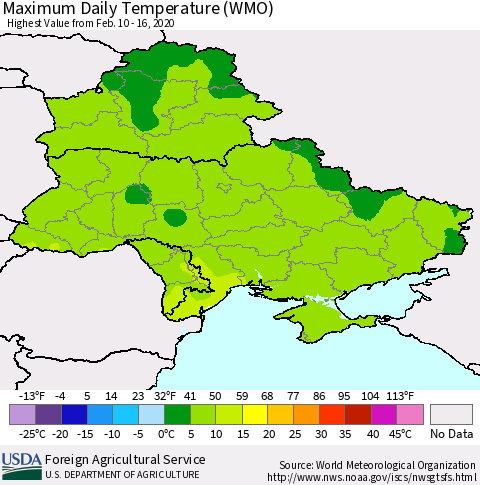 Ukraine, Moldova and Belarus Maximum Daily Temperature (WMO) Thematic Map For 2/10/2020 - 2/16/2020