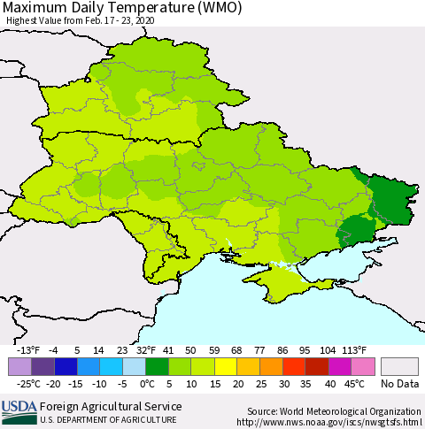 Ukraine, Moldova and Belarus Maximum Daily Temperature (WMO) Thematic Map For 2/17/2020 - 2/23/2020
