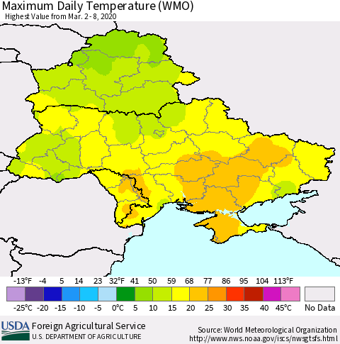 Ukraine, Moldova and Belarus Maximum Daily Temperature (WMO) Thematic Map For 3/2/2020 - 3/8/2020