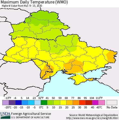 Ukraine, Moldova and Belarus Maximum Daily Temperature (WMO) Thematic Map For 3/9/2020 - 3/15/2020