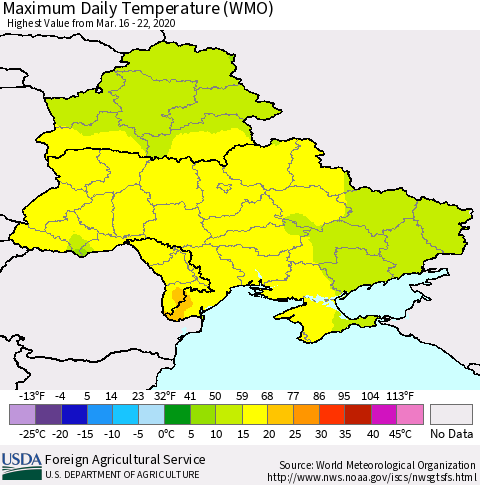 Ukraine, Moldova and Belarus Maximum Daily Temperature (WMO) Thematic Map For 3/16/2020 - 3/22/2020