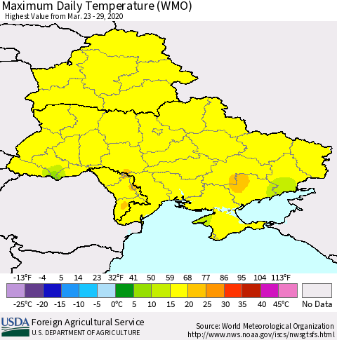Ukraine, Moldova and Belarus Maximum Daily Temperature (WMO) Thematic Map For 3/23/2020 - 3/29/2020
