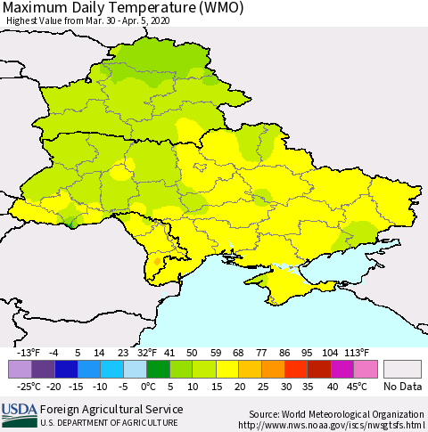 Ukraine, Moldova and Belarus Maximum Daily Temperature (WMO) Thematic Map For 3/30/2020 - 4/5/2020