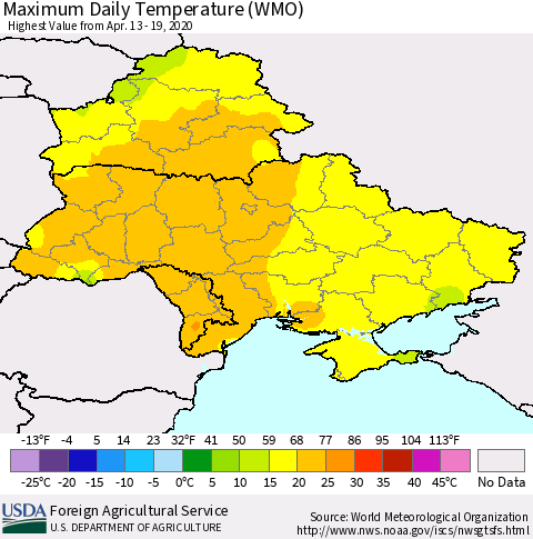 Ukraine, Moldova and Belarus Maximum Daily Temperature (WMO) Thematic Map For 4/13/2020 - 4/19/2020