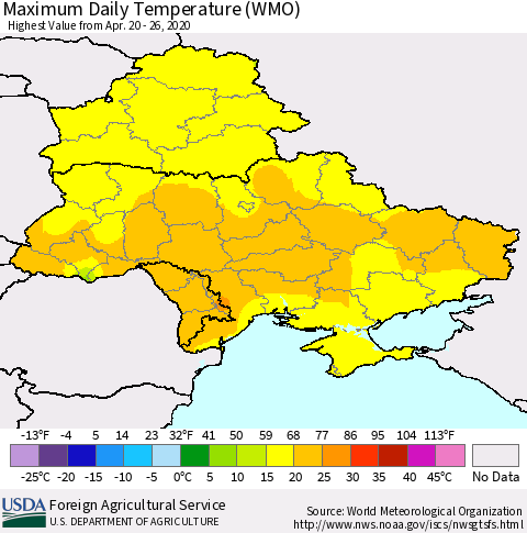 Ukraine, Moldova and Belarus Extreme Maximum Temperature (WMO) Thematic Map For 4/20/2020 - 4/26/2020