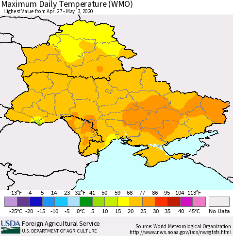 Ukraine, Moldova and Belarus Maximum Daily Temperature (WMO) Thematic Map For 4/27/2020 - 5/3/2020