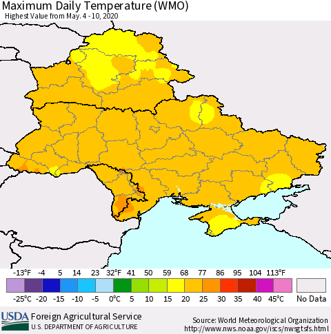 Ukraine, Moldova and Belarus Maximum Daily Temperature (WMO) Thematic Map For 5/4/2020 - 5/10/2020