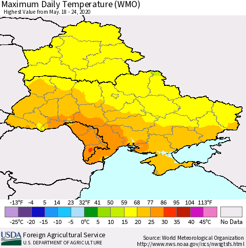 Ukraine, Moldova and Belarus Maximum Daily Temperature (WMO) Thematic Map For 5/18/2020 - 5/24/2020
