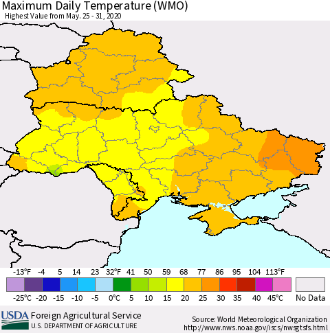 Ukraine, Moldova and Belarus Extreme Maximum Temperature (WMO) Thematic Map For 5/25/2020 - 5/31/2020