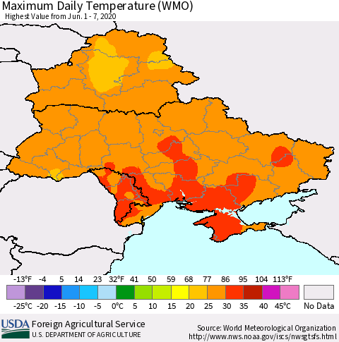 Ukraine, Moldova and Belarus Maximum Daily Temperature (WMO) Thematic Map For 6/1/2020 - 6/7/2020