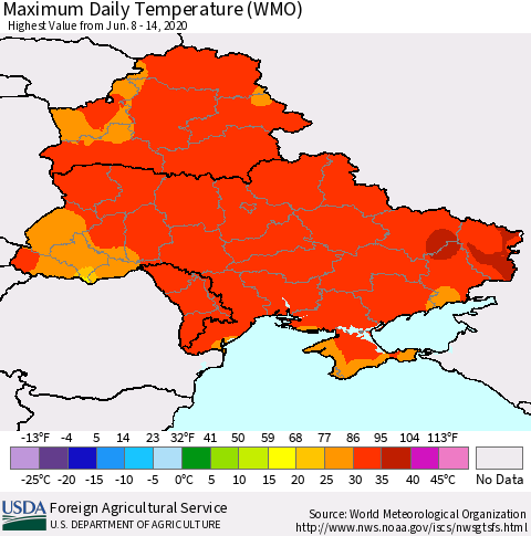 Ukraine, Moldova and Belarus Extreme Maximum Temperature (WMO) Thematic Map For 6/8/2020 - 6/14/2020