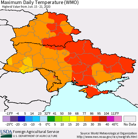 Ukraine, Moldova and Belarus Extreme Maximum Temperature (WMO) Thematic Map For 6/15/2020 - 6/21/2020