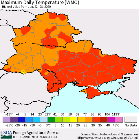 Ukraine, Moldova and Belarus Extreme Maximum Temperature (WMO) Thematic Map For 6/22/2020 - 6/28/2020