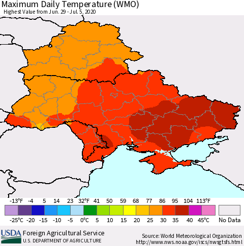 Ukraine, Moldova and Belarus Extreme Maximum Temperature (WMO) Thematic Map For 6/29/2020 - 7/5/2020