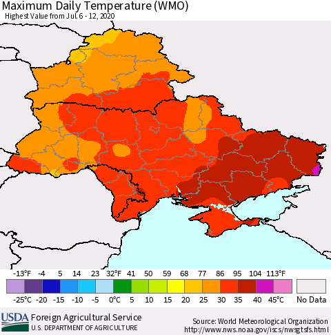 Ukraine, Moldova and Belarus Maximum Daily Temperature (WMO) Thematic Map For 7/6/2020 - 7/12/2020