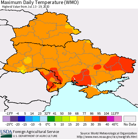 Ukraine, Moldova and Belarus Maximum Daily Temperature (WMO) Thematic Map For 7/13/2020 - 7/19/2020