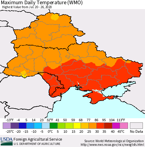 Ukraine, Moldova and Belarus Maximum Daily Temperature (WMO) Thematic Map For 7/20/2020 - 7/26/2020