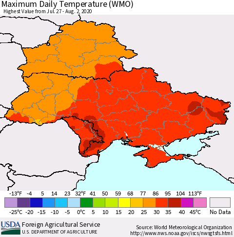 Ukraine, Moldova and Belarus Maximum Daily Temperature (WMO) Thematic Map For 7/27/2020 - 8/2/2020
