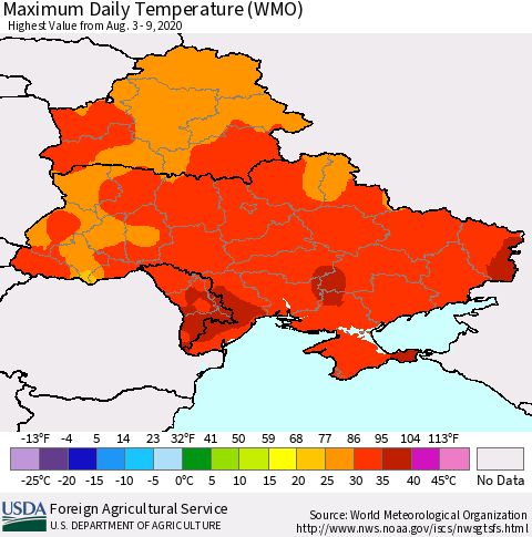 Ukraine, Moldova and Belarus Maximum Daily Temperature (WMO) Thematic Map For 8/3/2020 - 8/9/2020