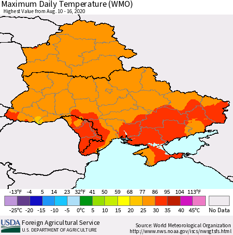 Ukraine, Moldova and Belarus Maximum Daily Temperature (WMO) Thematic Map For 8/10/2020 - 8/16/2020