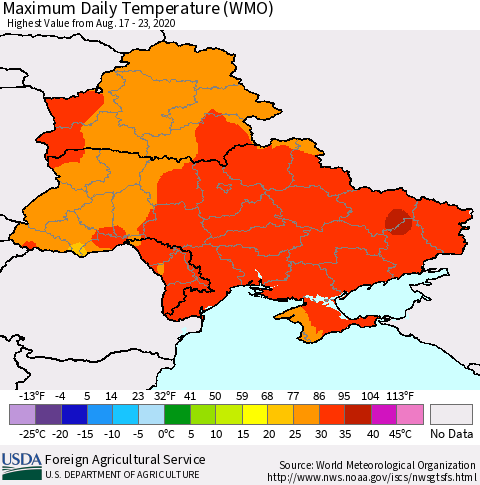 Ukraine, Moldova and Belarus Extreme Maximum Temperature (WMO) Thematic Map For 8/17/2020 - 8/23/2020
