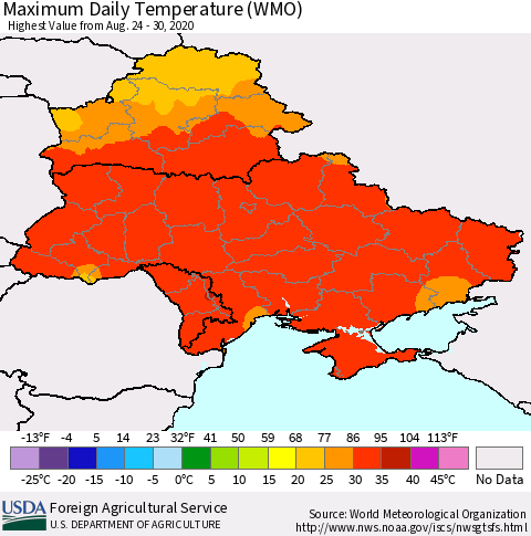 Ukraine, Moldova and Belarus Extreme Maximum Temperature (WMO) Thematic Map For 8/24/2020 - 8/30/2020
