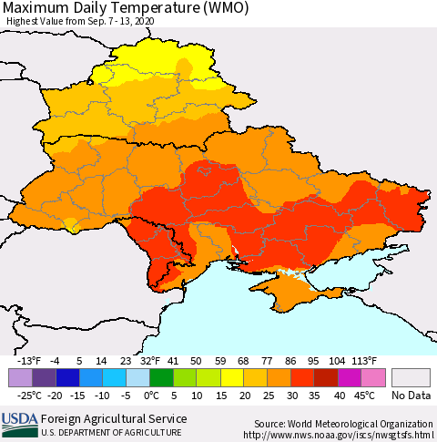 Ukraine, Moldova and Belarus Maximum Daily Temperature (WMO) Thematic Map For 9/7/2020 - 9/13/2020