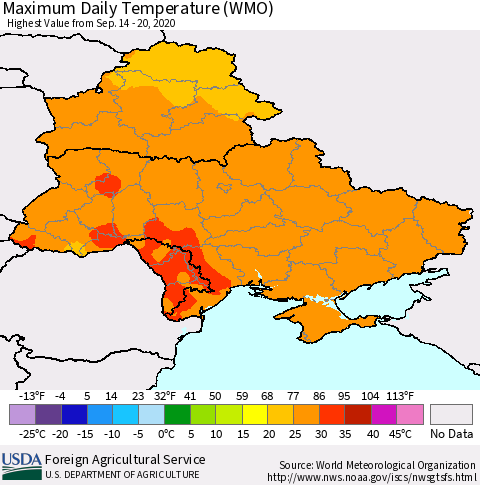Ukraine, Moldova and Belarus Extreme Maximum Temperature (WMO) Thematic Map For 9/14/2020 - 9/20/2020
