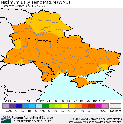 Ukraine, Moldova and Belarus Extreme Maximum Temperature (WMO) Thematic Map For 9/21/2020 - 9/27/2020
