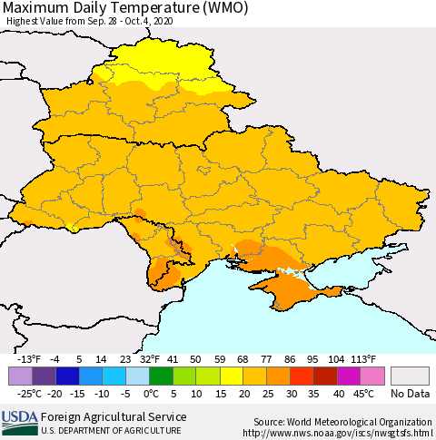 Ukraine, Moldova and Belarus Extreme Maximum Temperature (WMO) Thematic Map For 9/28/2020 - 10/4/2020