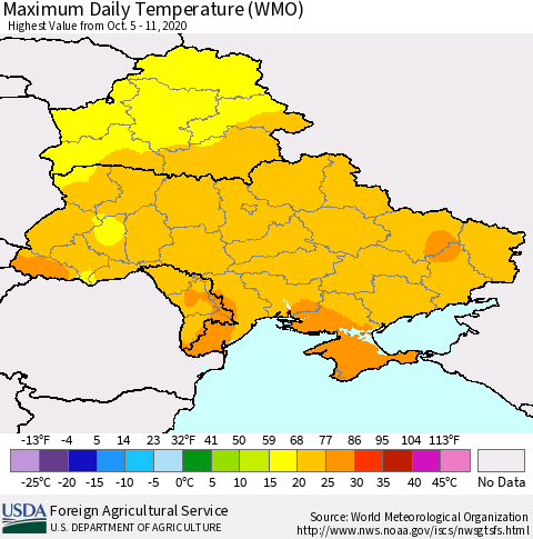 Ukraine, Moldova and Belarus Extreme Maximum Temperature (WMO) Thematic Map For 10/5/2020 - 10/11/2020