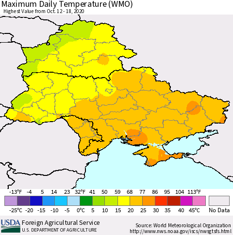 Ukraine, Moldova and Belarus Maximum Daily Temperature (WMO) Thematic Map For 10/12/2020 - 10/18/2020