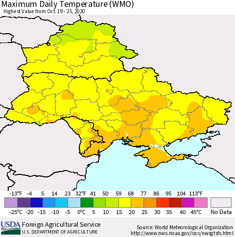 Ukraine, Moldova and Belarus Extreme Maximum Temperature (WMO) Thematic Map For 10/19/2020 - 10/25/2020