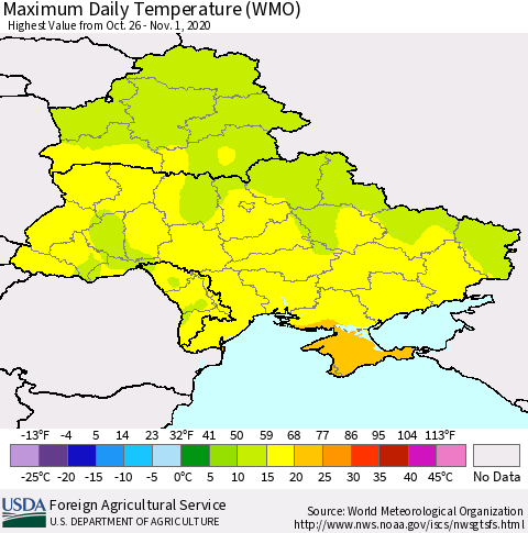 Ukraine, Moldova and Belarus Extreme Maximum Temperature (WMO) Thematic Map For 10/26/2020 - 11/1/2020