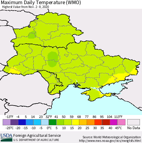 Ukraine, Moldova and Belarus Maximum Daily Temperature (WMO) Thematic Map For 11/2/2020 - 11/8/2020