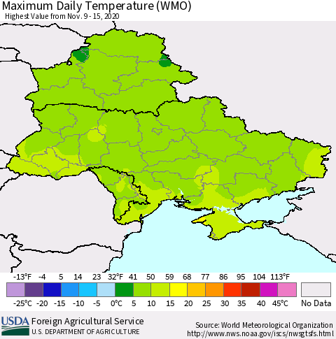 Ukraine, Moldova and Belarus Maximum Daily Temperature (WMO) Thematic Map For 11/9/2020 - 11/15/2020