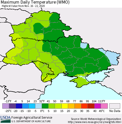 Ukraine, Moldova and Belarus Extreme Maximum Temperature (WMO) Thematic Map For 11/16/2020 - 11/22/2020