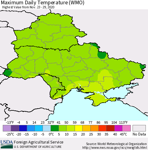 Ukraine, Moldova and Belarus Extreme Maximum Temperature (WMO) Thematic Map For 11/23/2020 - 11/29/2020
