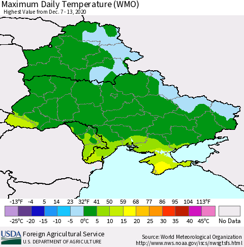Ukraine, Moldova and Belarus Maximum Daily Temperature (WMO) Thematic Map For 12/7/2020 - 12/13/2020