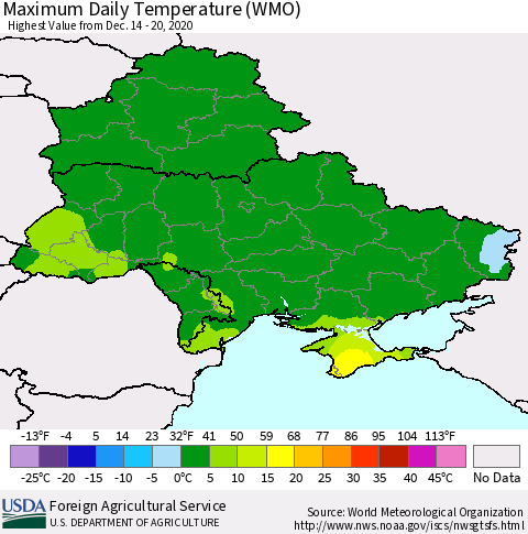 Ukraine, Moldova and Belarus Extreme Maximum Temperature (WMO) Thematic Map For 12/14/2020 - 12/20/2020