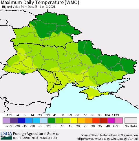 Ukraine, Moldova and Belarus Maximum Daily Temperature (WMO) Thematic Map For 12/28/2020 - 1/3/2021
