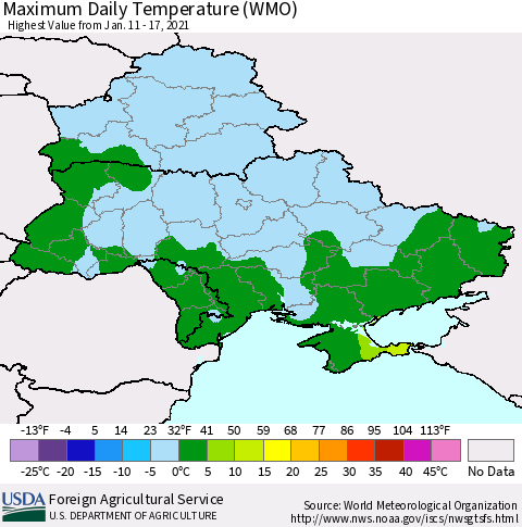 Ukraine, Moldova and Belarus Maximum Daily Temperature (WMO) Thematic Map For 1/11/2021 - 1/17/2021