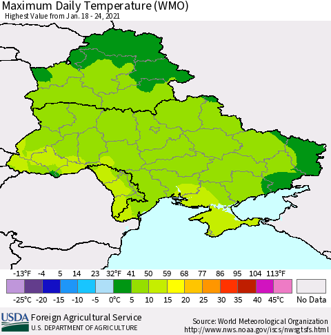 Ukraine, Moldova and Belarus Maximum Daily Temperature (WMO) Thematic Map For 1/18/2021 - 1/24/2021