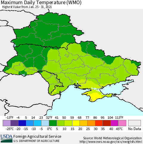Ukraine, Moldova and Belarus Extreme Maximum Temperature (WMO) Thematic Map For 1/25/2021 - 1/31/2021