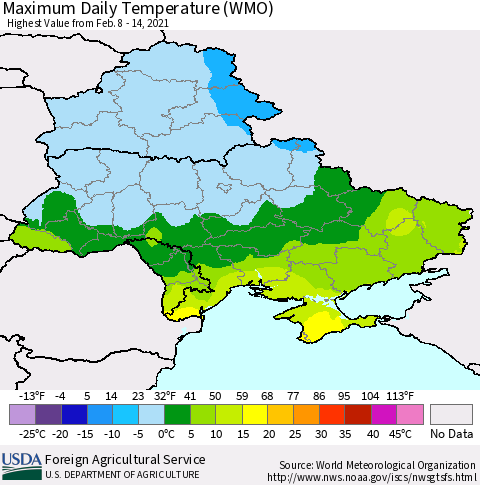 Ukraine, Moldova and Belarus Extreme Maximum Temperature (WMO) Thematic Map For 2/8/2021 - 2/14/2021