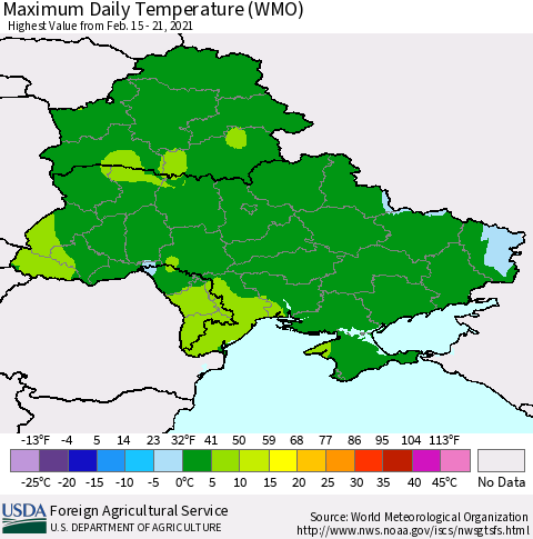 Ukraine, Moldova and Belarus Maximum Daily Temperature (WMO) Thematic Map For 2/15/2021 - 2/21/2021