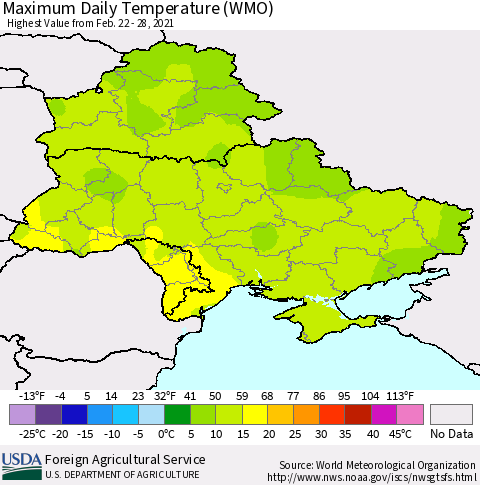 Ukraine, Moldova and Belarus Maximum Daily Temperature (WMO) Thematic Map For 2/22/2021 - 2/28/2021