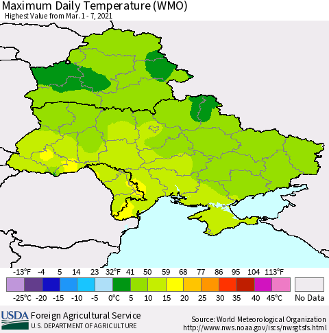Ukraine, Moldova and Belarus Maximum Daily Temperature (WMO) Thematic Map For 3/1/2021 - 3/7/2021
